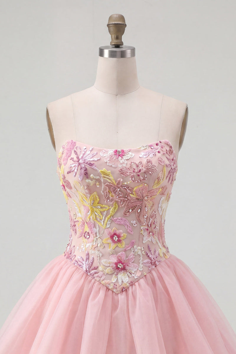 Load image into Gallery viewer, Sparkly Pink A Line Strapless Short Floral Beaded Prom Dress