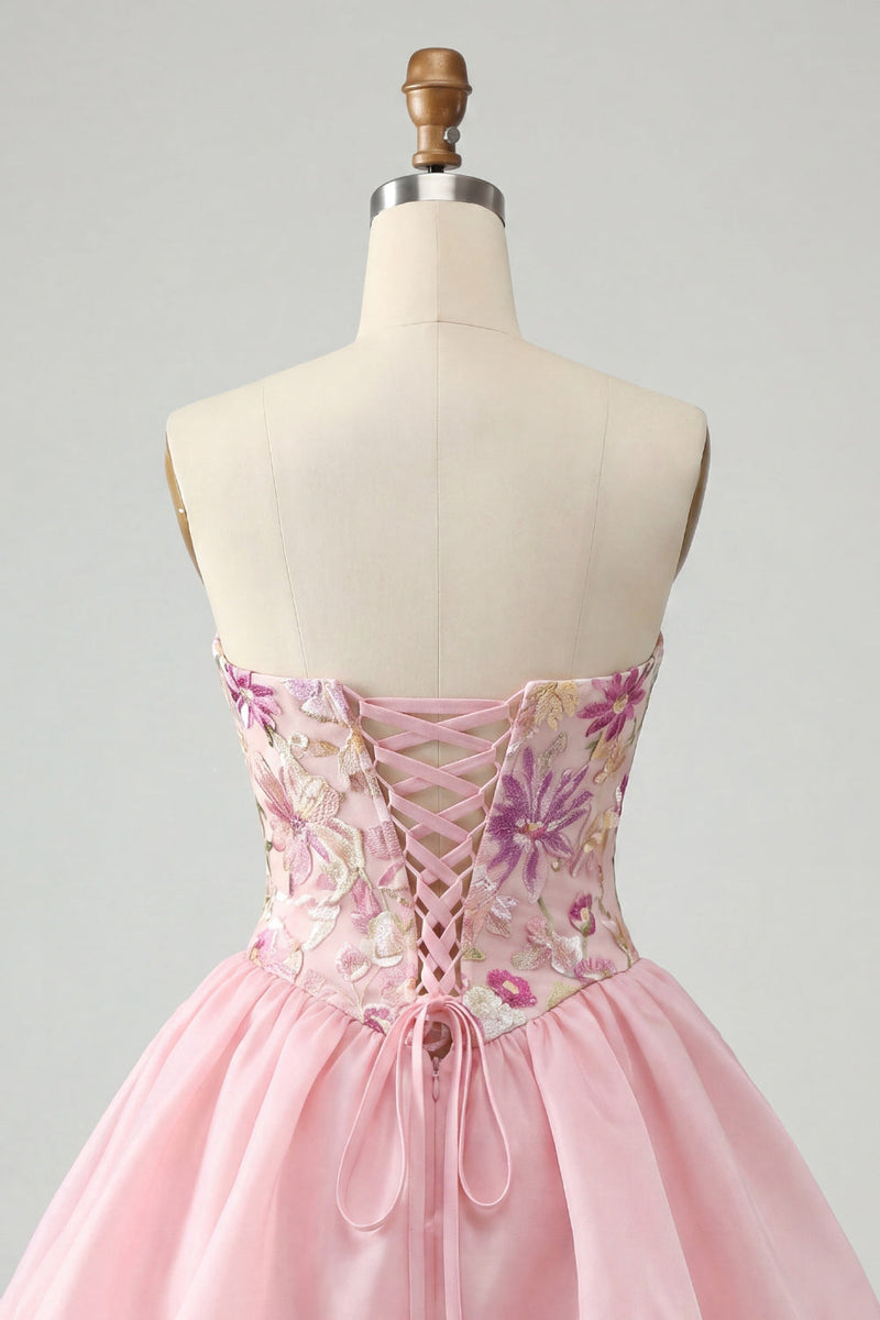 Load image into Gallery viewer, Sparkly Pink A Line Strapless Short Floral Beaded Prom Dress