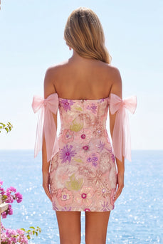 Beaded Strapless Floral Sparkly Tight Short Pink Prom Dress with Bows