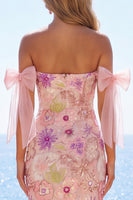 Load image into Gallery viewer, Beaded Strapless Floral Sparkly Tight Short Pink Prom Dress with Bows