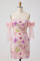 Load image into Gallery viewer, Beaded Strapless Floral Sparkly Tight Short Pink Prom Dress with Bows