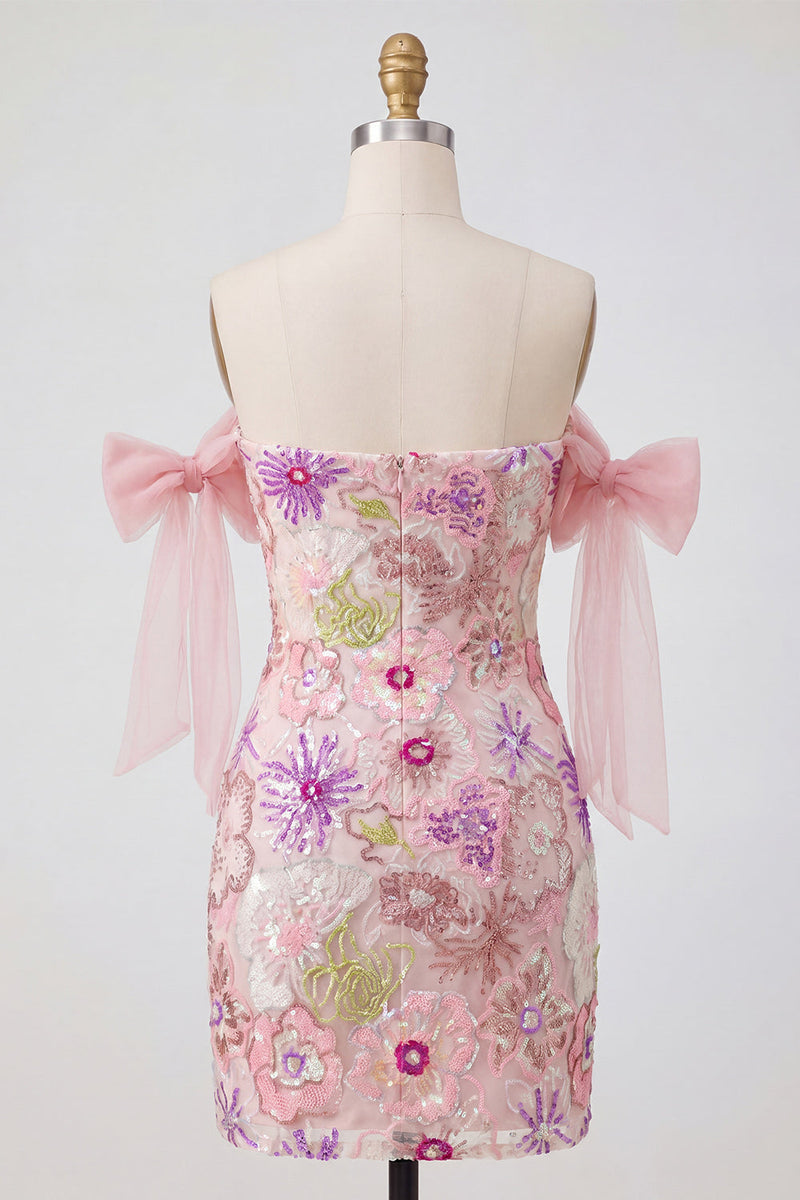 Load image into Gallery viewer, Beaded Strapless Floral Sparkly Tight Short Pink Prom Dress with Bows