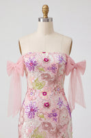 Load image into Gallery viewer, Beaded Strapless Floral Sparkly Tight Short Pink Prom Dress with Bows