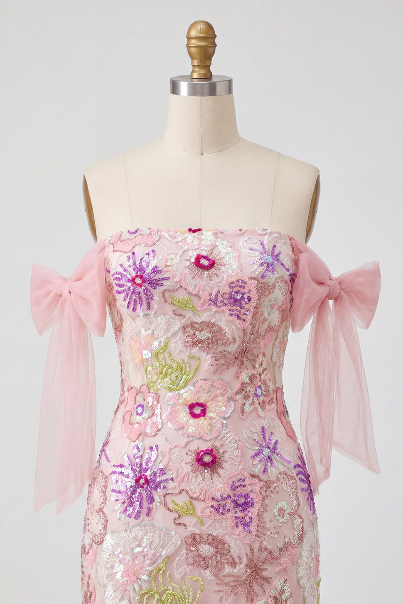 Load image into Gallery viewer, Beaded Strapless Floral Sparkly Tight Short Pink Prom Dress with Bows