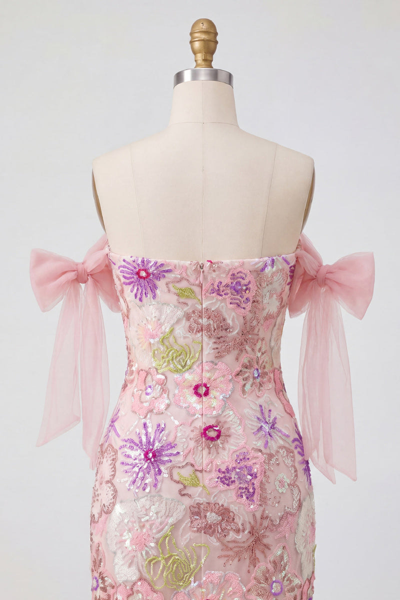 Load image into Gallery viewer, Beaded Strapless Floral Sparkly Tight Short Pink Prom Dress with Bows