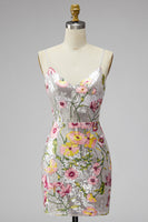 Load image into Gallery viewer, Sparkly Ivory Floral Spaghetti Straps Beaded Tight Short Prom Dress