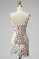 Load image into Gallery viewer, Sparkly Ivory Floral Spaghetti Straps Beaded Tight Short Prom Dress