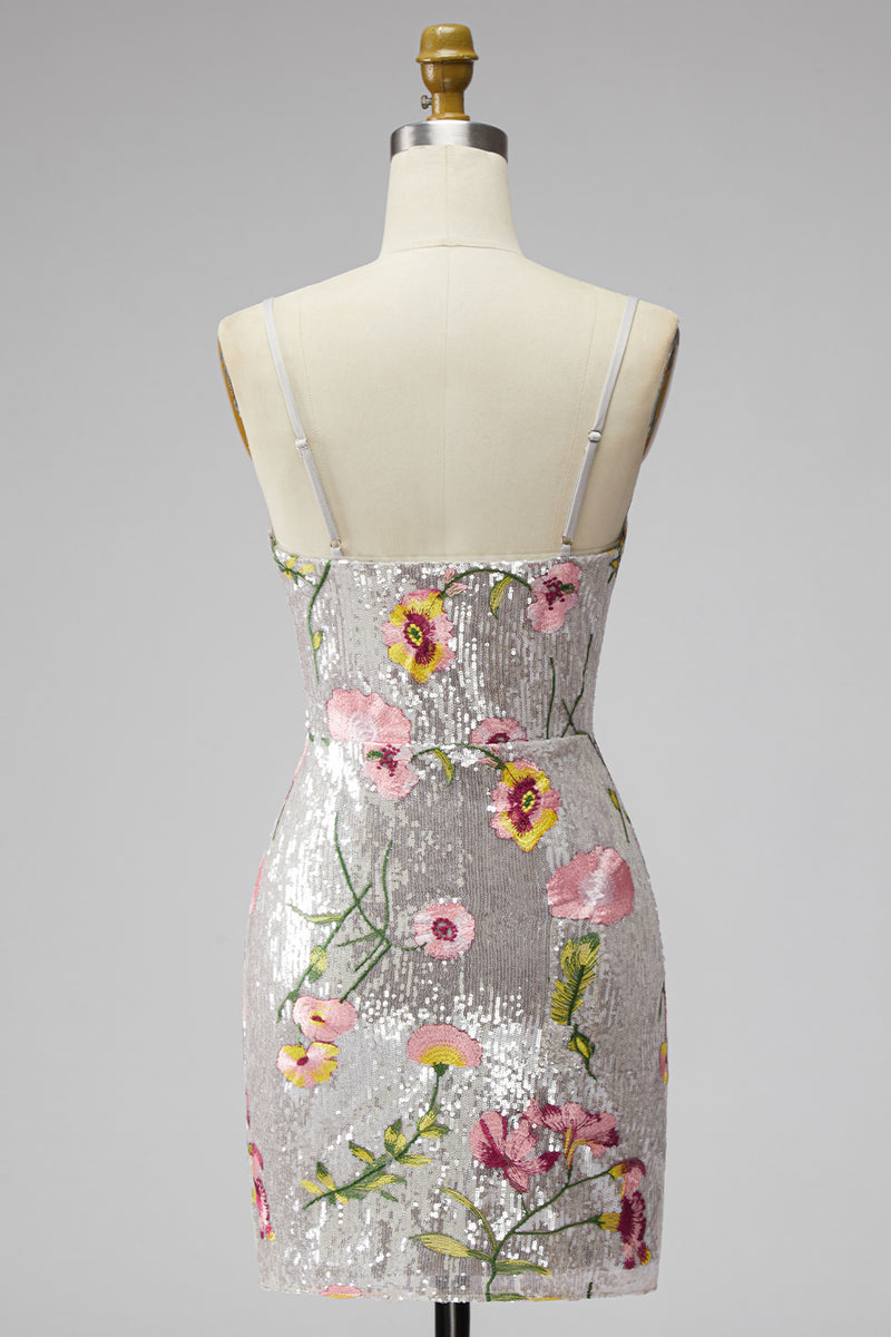 Load image into Gallery viewer, Sparkly Ivory Floral Spaghetti Straps Beaded Tight Short Prom Dress
