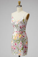 Load image into Gallery viewer, Sparkly Ivory Floral Spaghetti Straps Beaded Tight Short Prom Dress