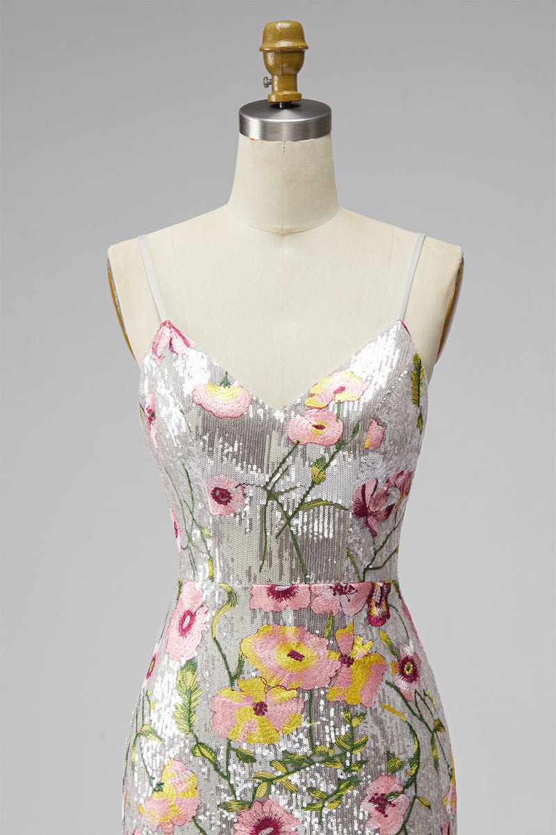 Load image into Gallery viewer, Sparkly Ivory Floral Spaghetti Straps Beaded Tight Short Prom Dress