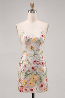 Load image into Gallery viewer, Sparkly Ivory Floral Spaghetti Straps Beaded Tight Short Prom Dress