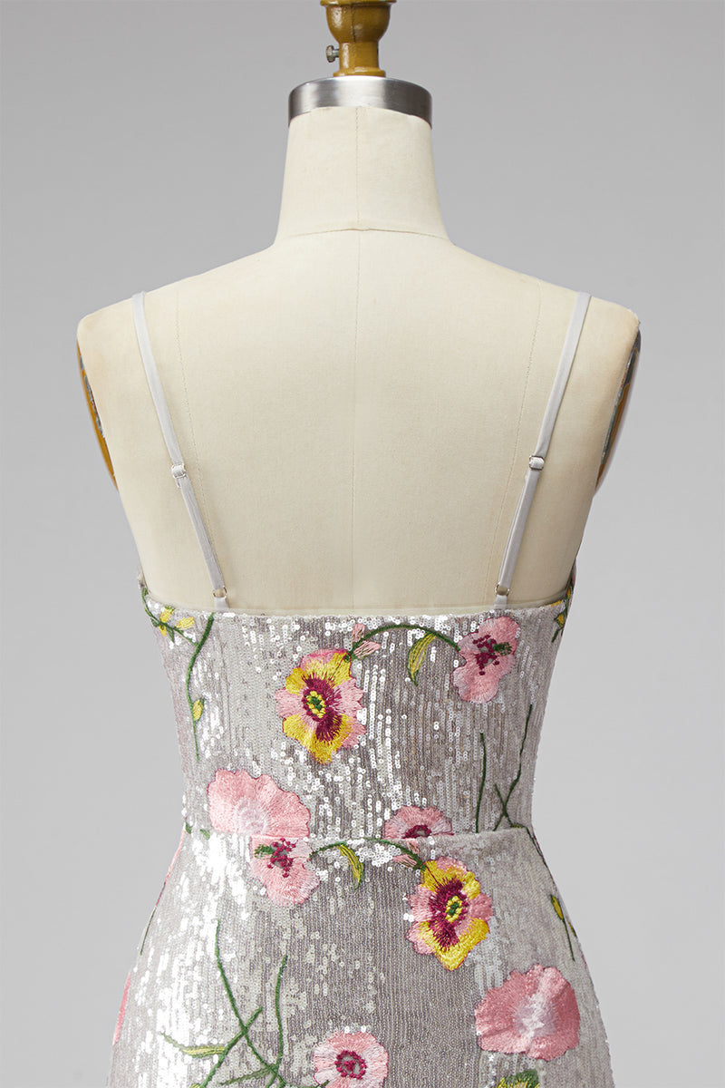Load image into Gallery viewer, Sparkly Ivory Floral Spaghetti Straps Beaded Tight Short Prom Dress