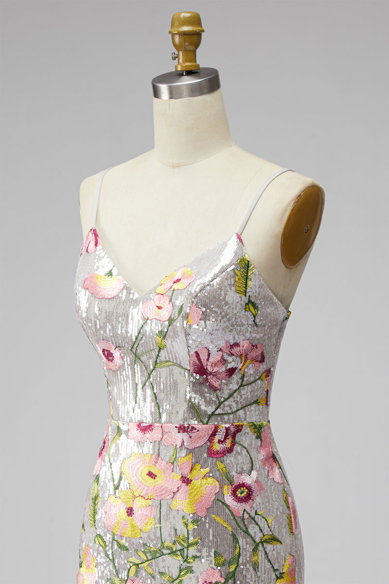 Load image into Gallery viewer, Sparkly Ivory Floral Spaghetti Straps Beaded Tight Short Prom Dress