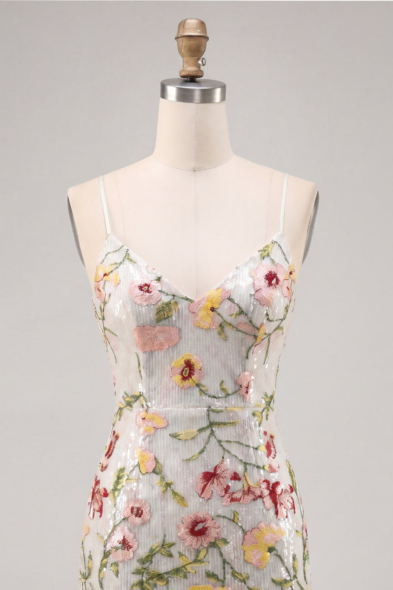 Load image into Gallery viewer, Sparkly Ivory Floral Spaghetti Straps Beaded Tight Short Prom Dress