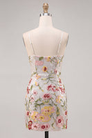 Load image into Gallery viewer, Sparkly Ivory Floral Spaghetti Straps Beaded Tight Short Prom Dress