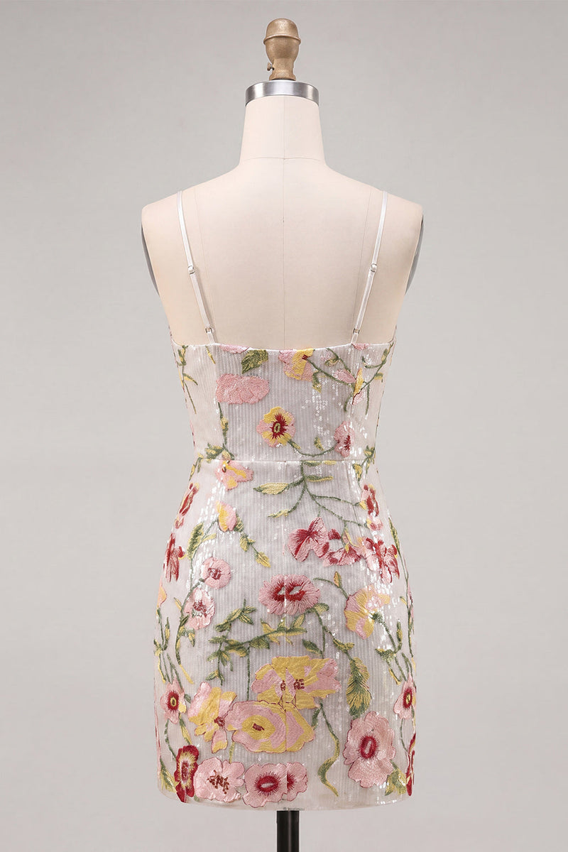 Load image into Gallery viewer, Sparkly Ivory Floral Spaghetti Straps Beaded Tight Short Prom Dress