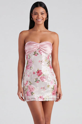 mini women's light pink strapless dress for a birthday party Queendancer Women Sparkly Floral Light Pink Short Tight Birthday Party  Dress with Bow Strapless Sequins Cocktail Dress – queendanceruk