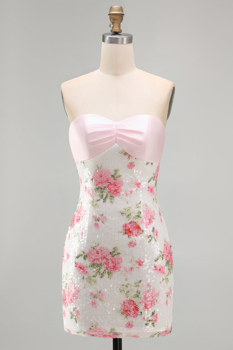 Load image into Gallery viewer, Sparkly Strapless Sequins Tight Short Light Pink Floral Birthday Party Dress