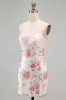 Load image into Gallery viewer, Sparkly Strapless Sequins Tight Short Light Pink Floral Birthday Party Dress