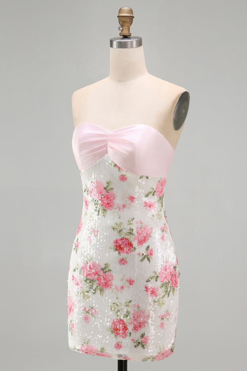 Load image into Gallery viewer, Sparkly Strapless Sequins Tight Short Light Pink Floral Birthday Party Dress