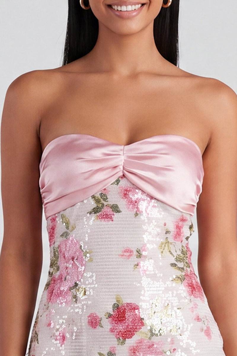 Load image into Gallery viewer, Sparkly Strapless Sequins Tight Short Light Pink Floral Birthday Party Dress