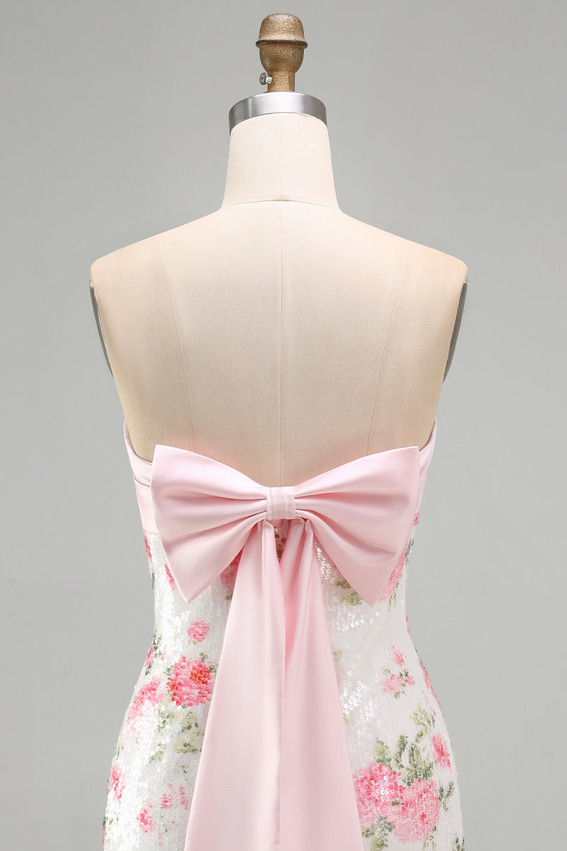 Load image into Gallery viewer, Sparkly Strapless Sequins Tight Short Light Pink Floral Birthday Party Dress