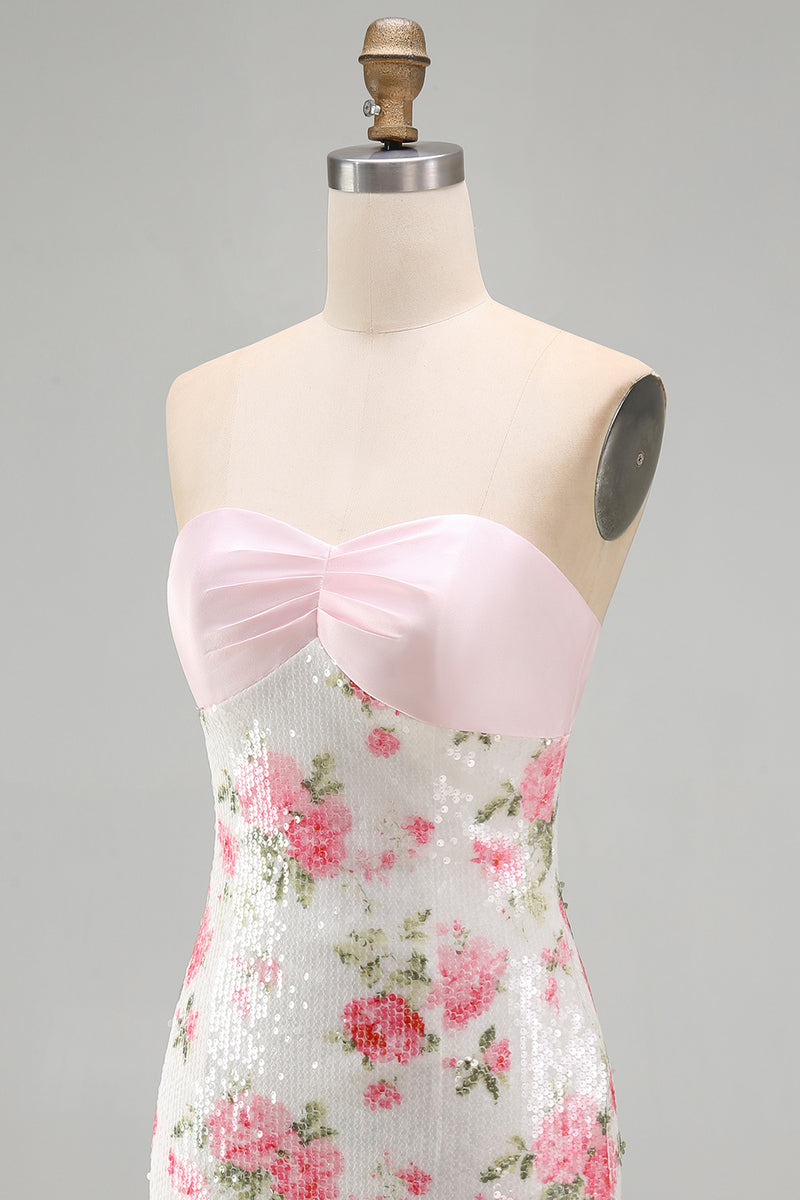 Load image into Gallery viewer, Sparkly Strapless Sequins Tight Short Light Pink Floral Birthday Party Dress