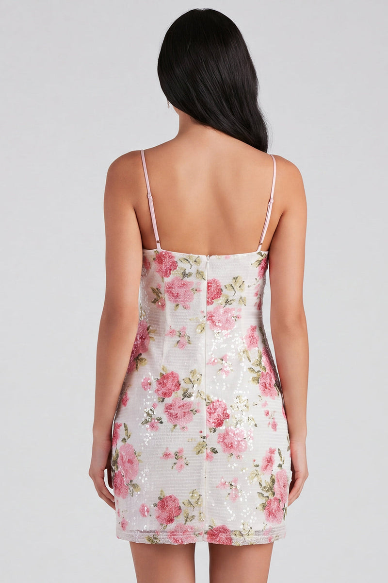 Load image into Gallery viewer, Sparkly Sequins Floral Short Tight Light Pink Birthday Party Dress with Bow