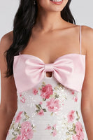 Load image into Gallery viewer, Sparkly Sequins Floral Short Tight Light Pink Birthday Party Dress with Bow