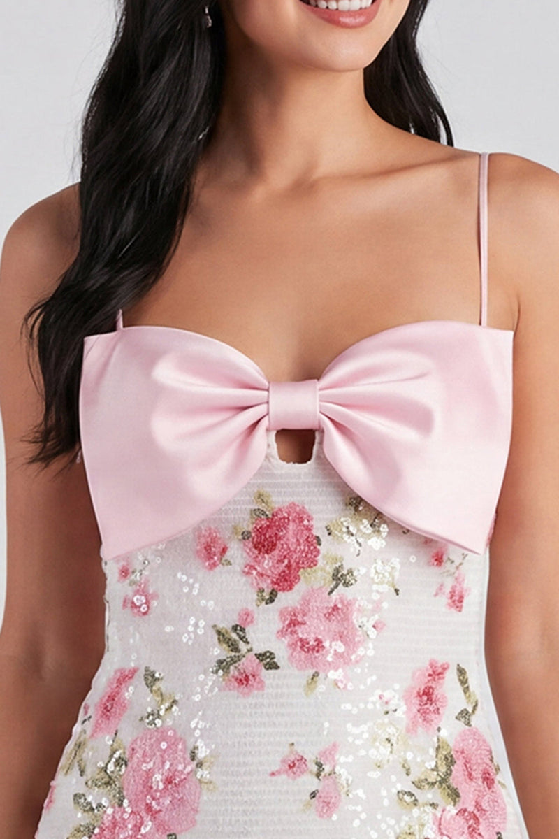 Load image into Gallery viewer, Sparkly Sequins Floral Short Tight Light Pink Birthday Party Dress with Bow