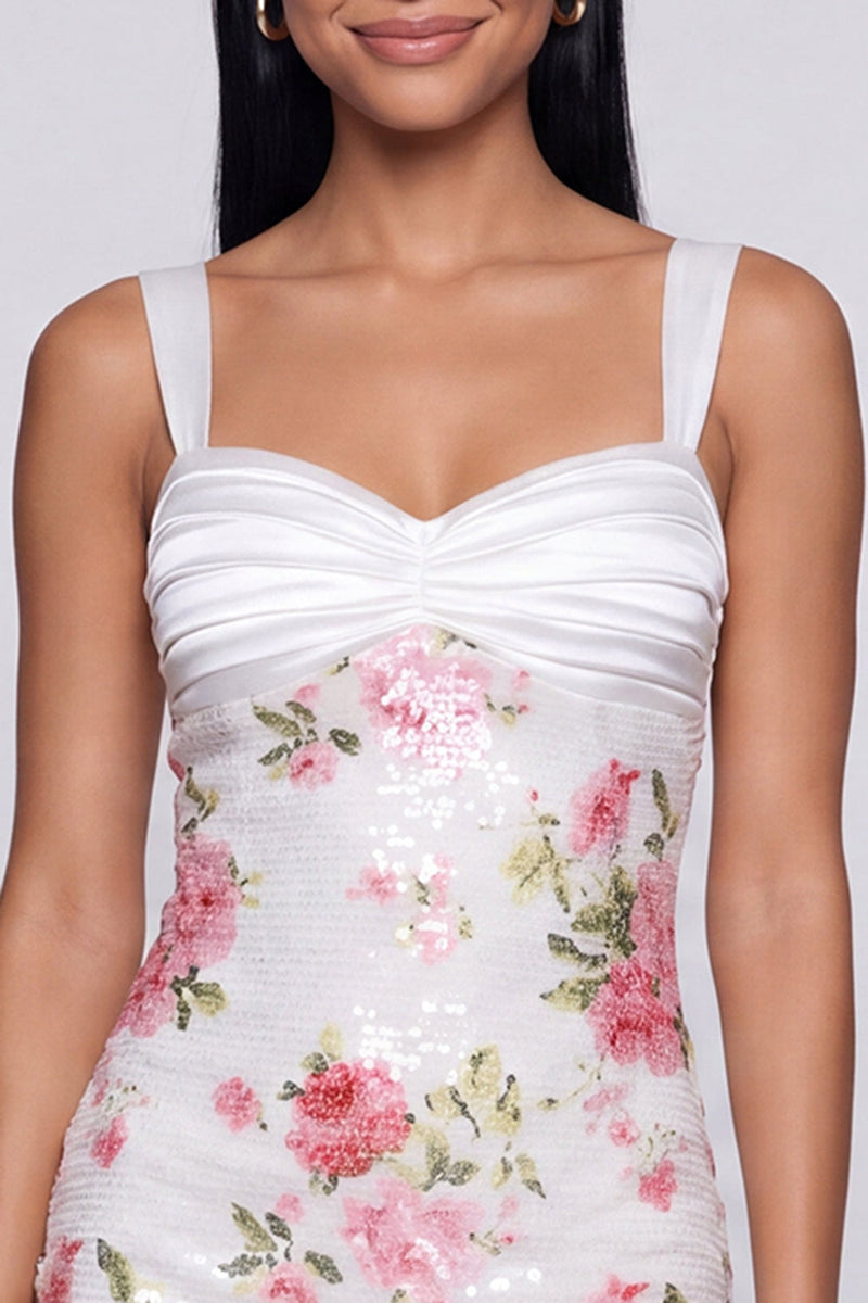 Load image into Gallery viewer, Sparkly Ivory Floral Sequins Thick Straps Short Tight Birthday Party Dress