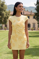 Load image into Gallery viewer, Floral Butter Yellow Short Round Neck Birthday Party Dress with Sleeves