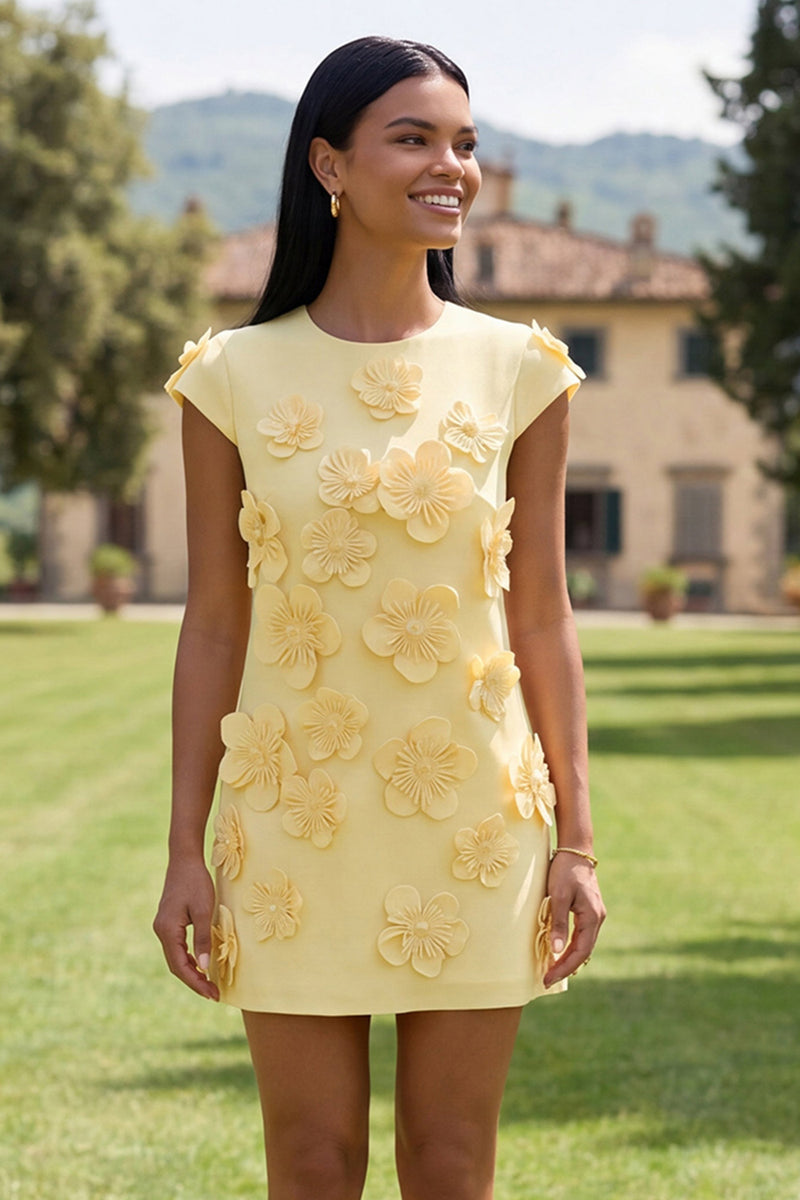 Load image into Gallery viewer, Floral Butter Yellow Short Round Neck Birthday Party Dress with Sleeves