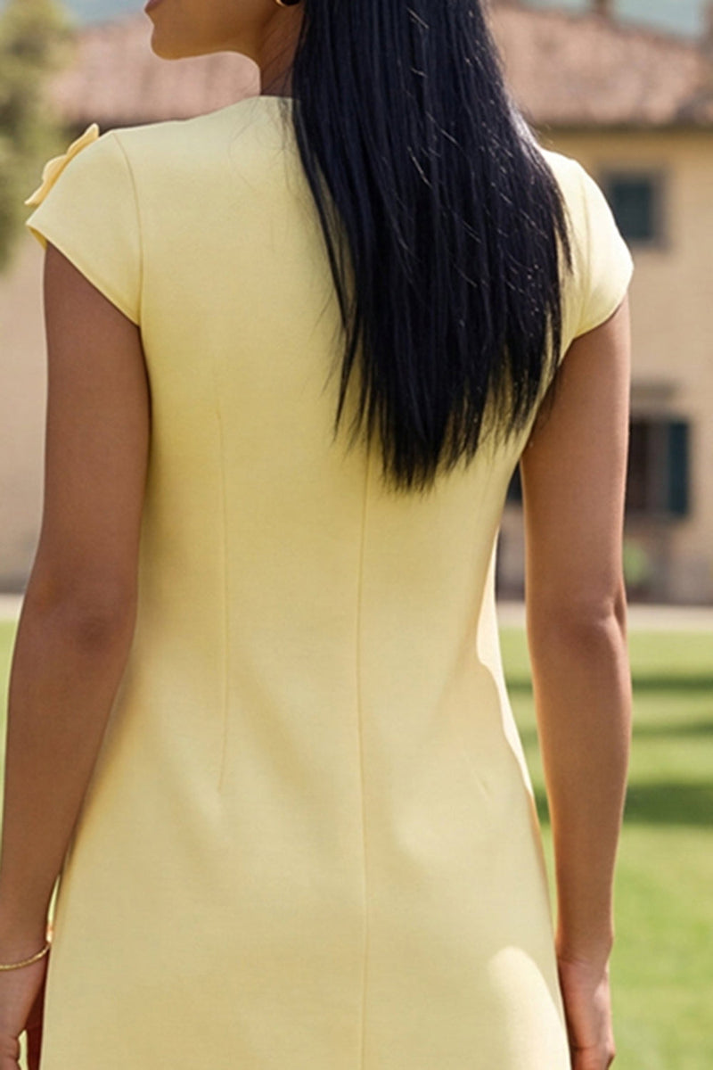 Load image into Gallery viewer, Floral Butter Yellow Short Round Neck Birthday Party Dress with Sleeves