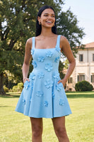 Load image into Gallery viewer, Floral Blue Short Square Neck A Line Birthday Party Dress with Pockets