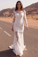 Load image into Gallery viewer, Floral Ivory Boat Neck Mermaid Lace Sweep Train Boho Wedding Dress