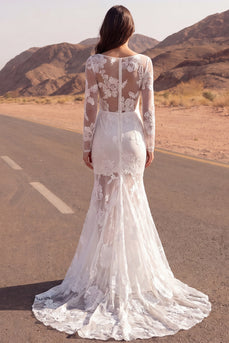 Floral Ivory Boat Neck Mermaid Lace Sweep Train Boho Wedding Dress