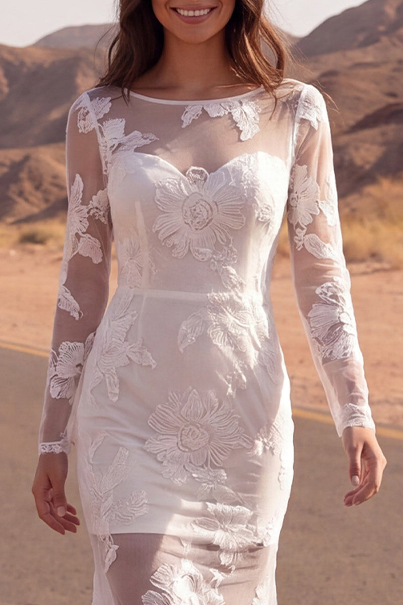 Load image into Gallery viewer, Floral Ivory Boat Neck Mermaid Lace Sweep Train Boho Wedding Dress