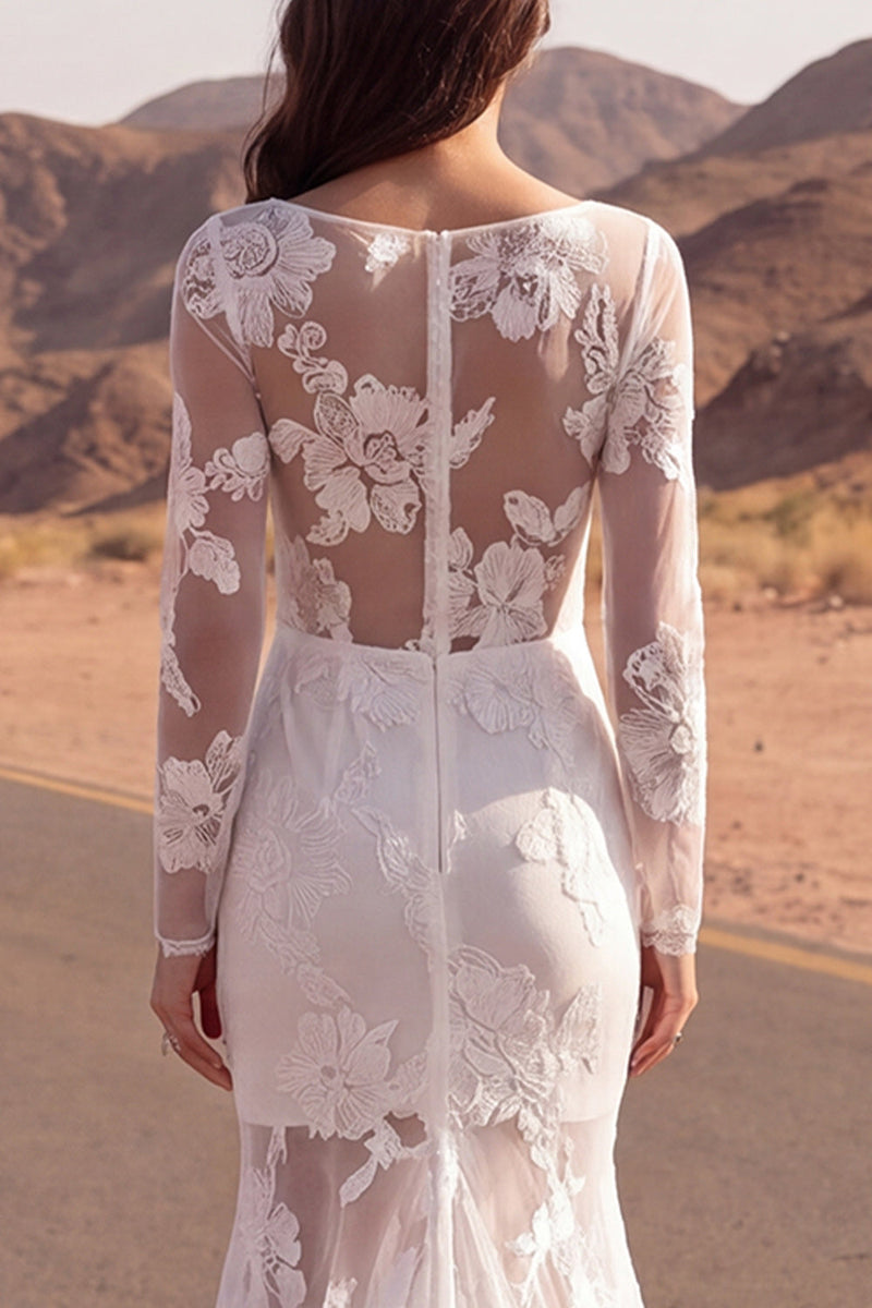 Load image into Gallery viewer, Floral Ivory Boat Neck Mermaid Lace Sweep Train Boho Wedding Dress