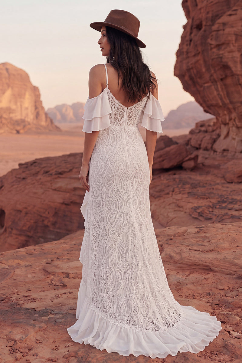Load image into Gallery viewer, Ivory Ruffled Lace Mermaid Sweep Train Boho Wedding Dress with Slit