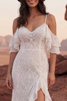 Load image into Gallery viewer, Ivory Ruffled Lace Mermaid Sweep Train Boho Wedding Dress with Slit