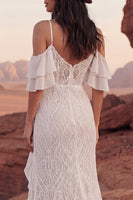 Load image into Gallery viewer, Ivory Ruffled Lace Mermaid Sweep Train Boho Wedding Dress with Slit