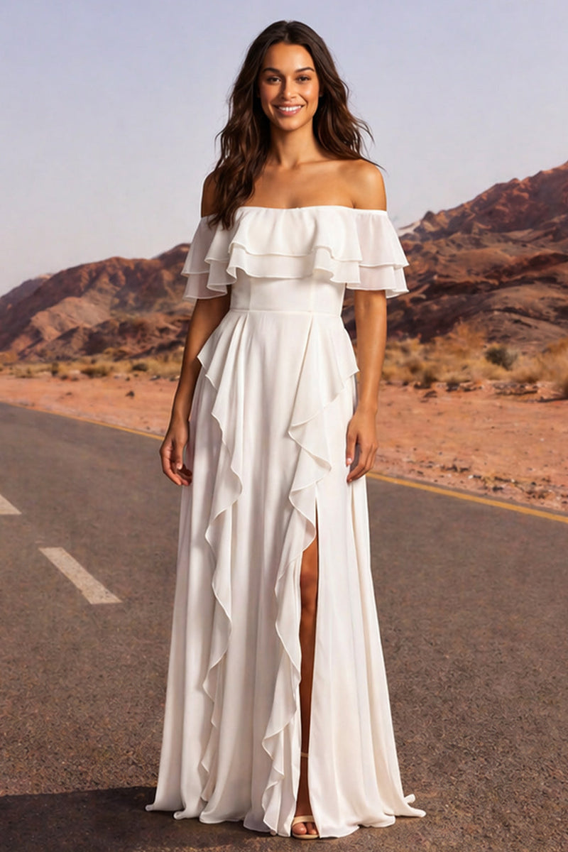 Load image into Gallery viewer, Off the Shoulder Ivory A Line Beach Floor Length Wedding Dress with Ruffles
