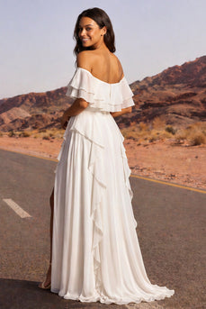 Off the Shoulder Ivory A Line Beach Floor Length Wedding Dress with Ruffles