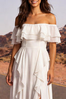 Load image into Gallery viewer, Off the Shoulder Ivory A Line Beach Floor Length Wedding Dress with Ruffles