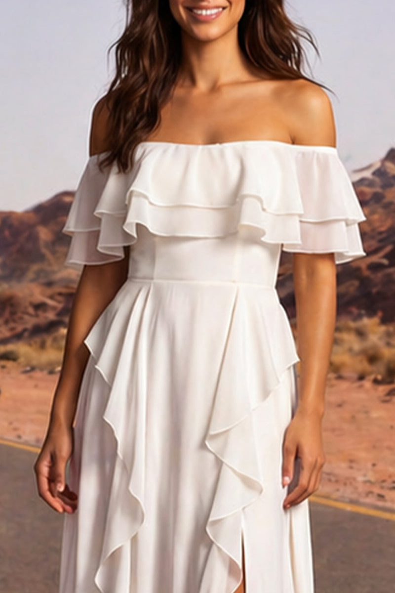 Load image into Gallery viewer, Off the Shoulder Ivory A Line Beach Floor Length Wedding Dress with Ruffles