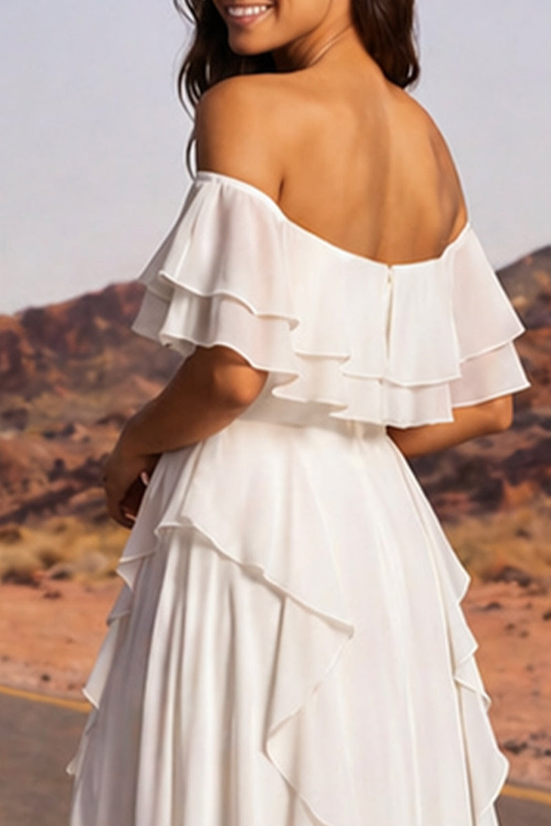 Load image into Gallery viewer, Off the Shoulder Ivory A Line Beach Floor Length Wedding Dress with Ruffles