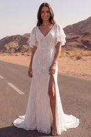 Load image into Gallery viewer, Mermaid V-Neck Floral Ivory Sweep Train Lace Boho Wedding Dress with Slit