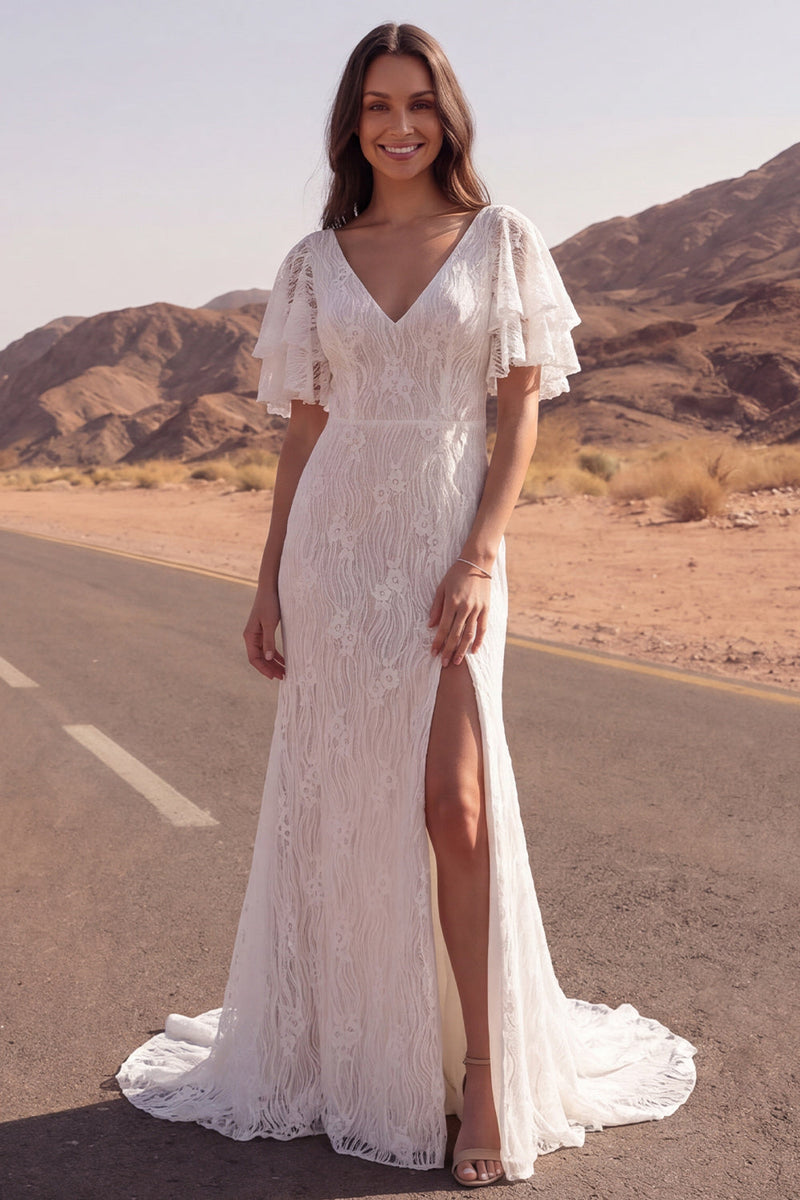 Load image into Gallery viewer, Mermaid V-Neck Floral Ivory Sweep Train Lace Boho Wedding Dress with Slit