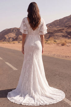 Mermaid V-Neck Floral Ivory Sweep Train Lace Boho Wedding Dress with Slit